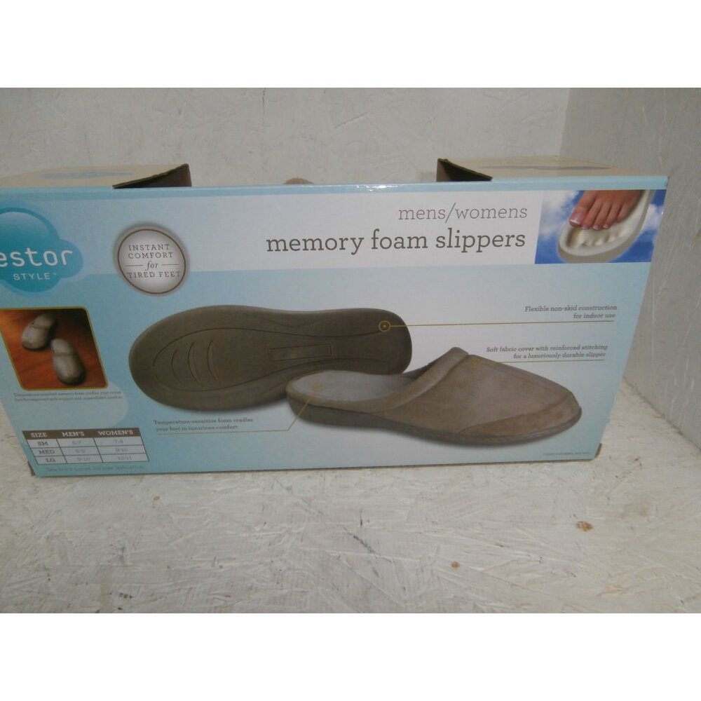 Restor Style Memory Foam Unisex Open Back Slippers Tan Small - Picture 2 of 3